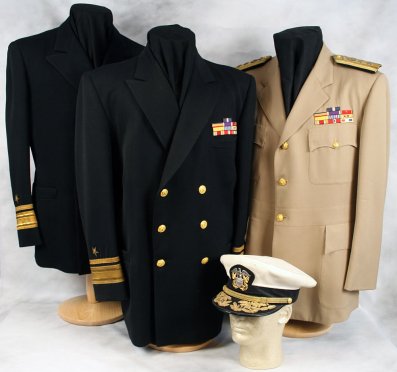 Post-World War II Khaki uniform jacketm dress blues and combination cover, worn by Navy Cross recipient, Admiral Robert Copeland (image source: ForValor.com/Dave Schwind)