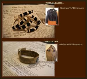 Displayed in this screen capture are two bracelets and the uniforms that were destroyed to make them. (Source: BandsforArms.com)