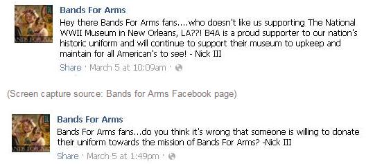 (Screen capture source: Bands for Arms Facebook page)