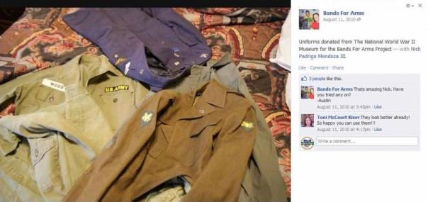 Shown here on an older Facebook post on the Bands for Arms page, references to the uniform donation by the National World War II Museum. These posts were subsequently removed.