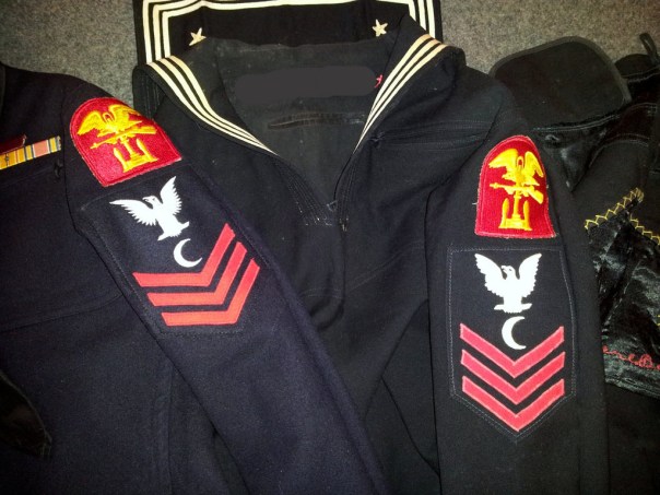 Two examples of the correct placement of the Navy SSI, worn during WWII. Shown on these uniforms is the Amphibious Forces Personnel patch.