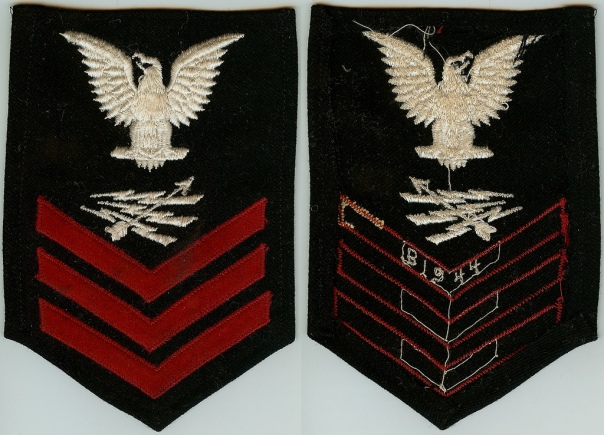 This Radarman first class rating badge is date-marked with "1944" embroidered on the reverse of the first chevron.