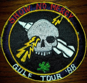 During one of my deployments, I had this patch made in the Philippines to commemorate our tour to the Persian Gulf. The embroidery was done with a machine that was free-hand (rather than computer-controlled) leaving a more rudimentary interpretation of my design.