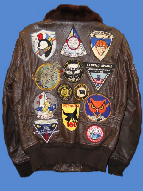 Patched naval aviator jackets were quite popular in the 1960s and again in the '80s. Many aviation squadron detachments had patches custom-made to denote their deployment and the ship they were attached to.