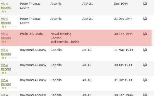 Ancestry Search - This muster sheet clearly shows Philip D S Leahy as a seaman second class being transferred from the Naval Training Center, Jacksonville, FL to the Naval Air Technical Training Command in Memphis, TN.