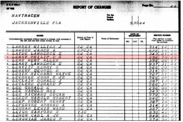 Ancestry Search - This muster sheet clearly shows Philip D S Leahy as a seaman second class being transferred from the Naval Training Center, Jacksonville, FL to the Naval Air Technical Training Command in Memphis, TN.