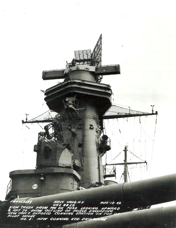 The foremast of the USS Washington (BB-56) showing the SG radar antennae on the foreward face of the tower. As documented in Muscant's book, the placement of this unit was cause for a significant sector blindspot, leaving the ship vulnerable during the first Naval Battle of Guadalcanal in November of 1942 (U.S. Navy image).