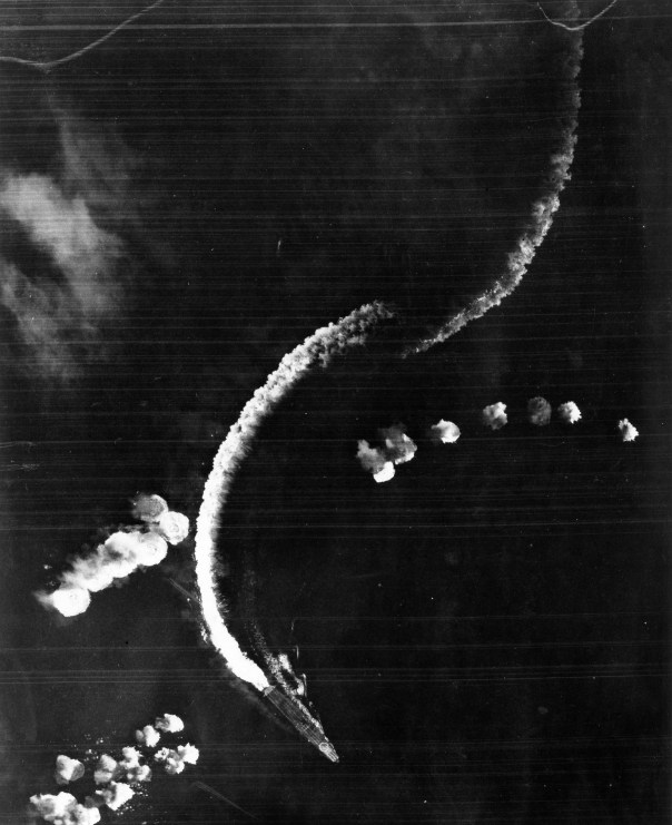 Here the Japanese carrier Hiryu dodges bombs dropped from Midway-based B-17 bombers (source: U.S. Navy).