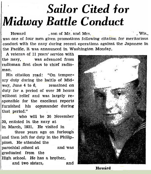 News clipping citing my uncle's meritorious promotion (one of four sailors advanced for actions during the Midway battle) by Admiral Spruance .