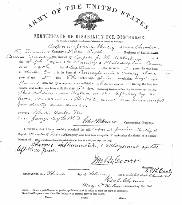 The scan of my 3x great grandfather's Civil War discharge document showing his service and his wound.