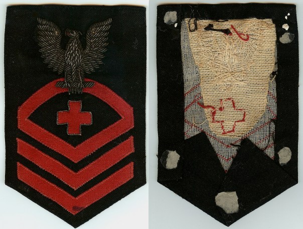 This chief Pharmacist’s Mate’s Geneva Cross is accented with a bullion thread outline.