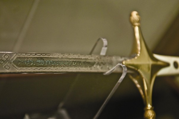 Boyington's engraved Mameluke sword on display at VMF-214 squadron hangar's museum (USMC photo).