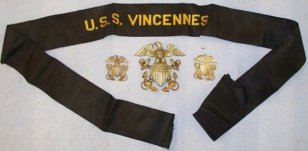 This image shows the rare USS Vincennes tally (along with some officer cap devices), which was sold this week at auction for more than $150 (source: eBay image).