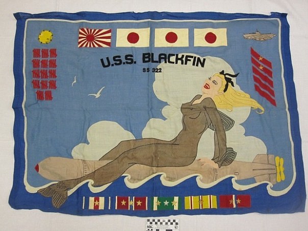 A beautiful example of a WWII Pacific Theater submarine battle flag from the USS Blackfin (SS-322) (source: Naval Historic & Heritage Command).