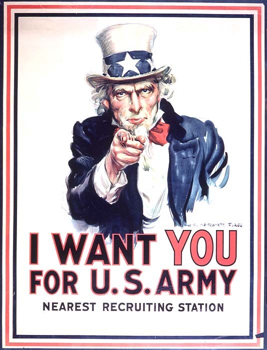 Originally created for Ladies Weekly in 1916, the iconic image of Uncle Sam was incorporated into what is probably the single, most popular recruiting poster that began its run during WWI (source: Library of Congress).