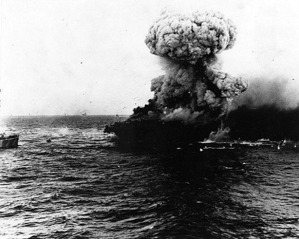 The Lady Lex is rocked by an enormous explosion during the Coral Sea battle, May 8, 1942 (Photo: Naval Historical Center).