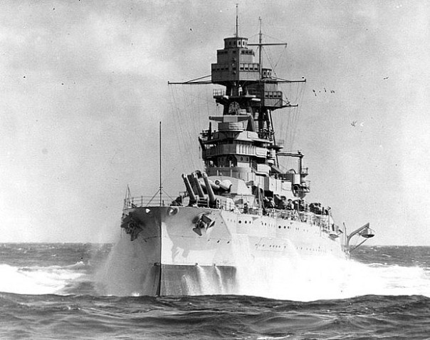 The USS Arizona’s bow pitches upward on the high seas sometime in the late 1930s (source: U.S. Navy Naval History and Heritage Command).