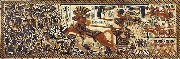 This illustration from Tut’s tomb shows the young pharaoh at war in his chariot (source: Araldo De Luca).