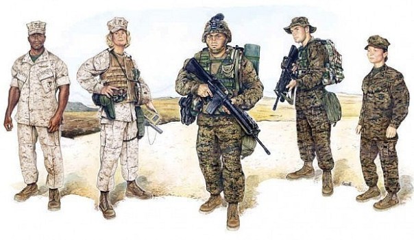 The first of the U.S. Armed Forces to employ digital camouflage, the USMC was able to demonstrate successful concealment of their ranks in all combat theaters. Shown are the two variations, “Desert” on the left and “Woodland” on the right.