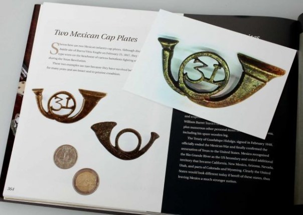 Though this cap plate is fairly common, the collector (who provided the comparison) shows a photo of his stolen plate as compared to one in Collins’ book, “The Alamo and Beyond: A Collector’s Journey” (Photo by Juanito M. Garza, Courtesy Photo, Don Jank / San Antonio Express-News).